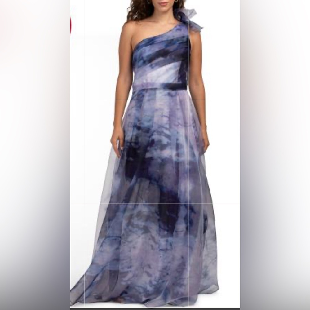 RENE BY RENE RUIZ COLLECTION 
one shoulder printed organza gown
color: cobalt/12